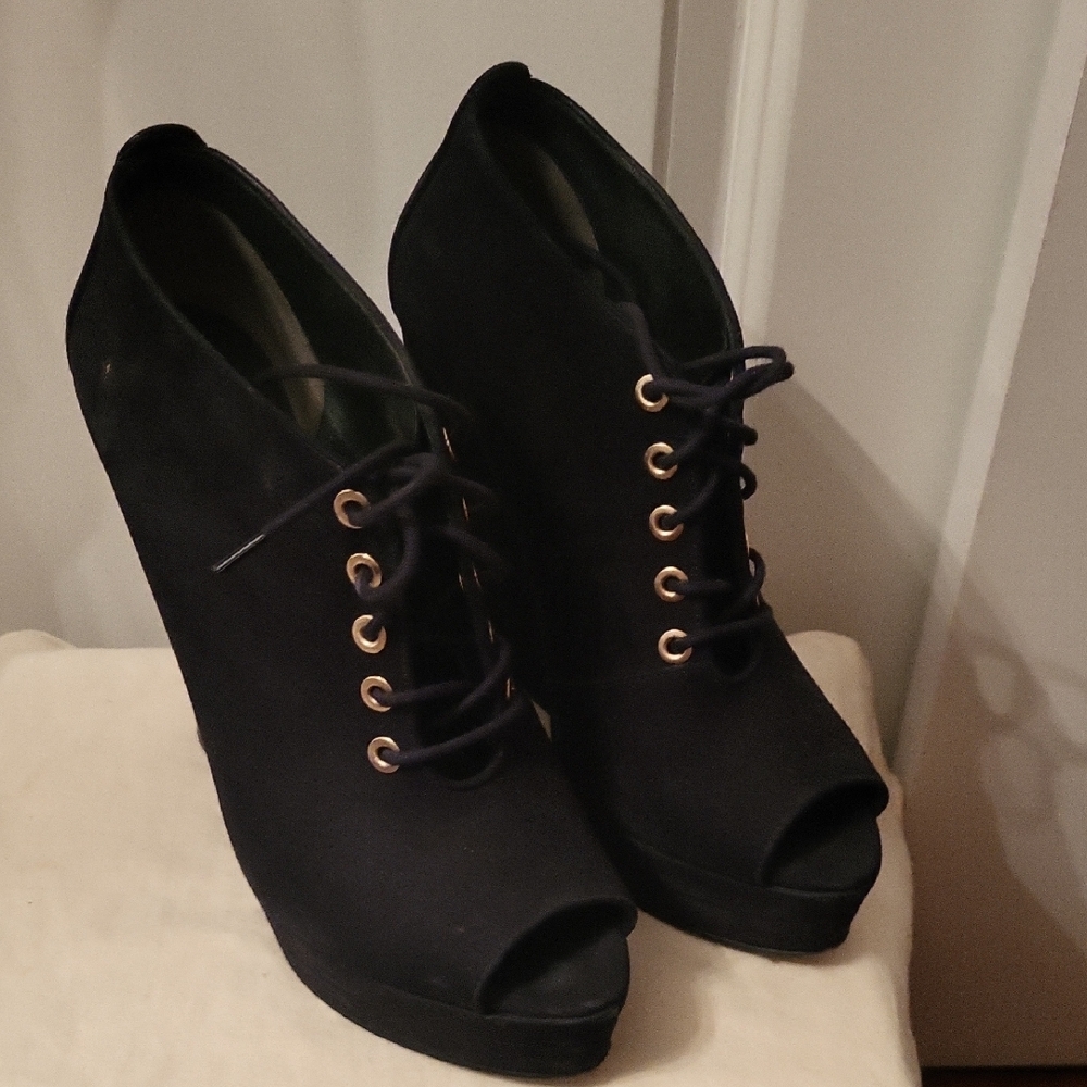 Black Peep-Toe Wedge Ankle Boots